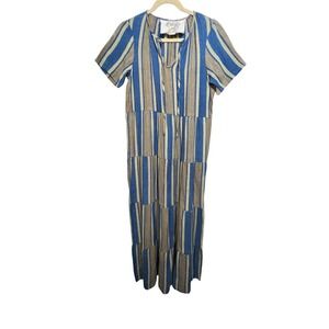 Ace & Jig Striped Tiered Maxi Dress Blue Tan Brown Short Sleeve Pockets Small